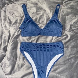 •ribbed dusty blue high waisted bikini swimsuit•